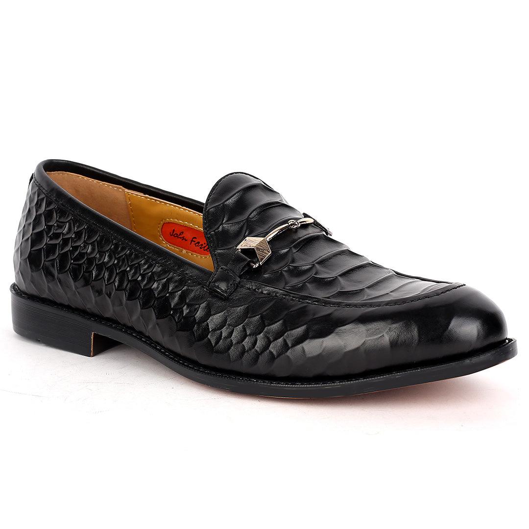John Foster Crocodile Leather Designed Front Chain Men's Shoes -Black - Obeezi.com