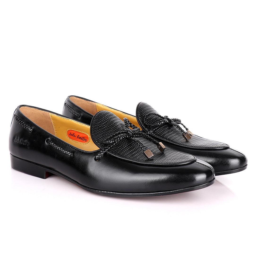 John Foster Custom Made Men's Leather Shoe With Woven Knotted Tassel- Black - Obeezi.com