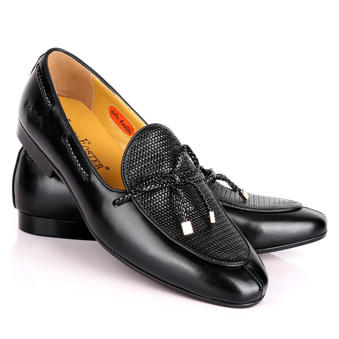John Foster Custom Made Men's Leather Shoe With Woven Knotted Tassel- Black - Obeezi.com