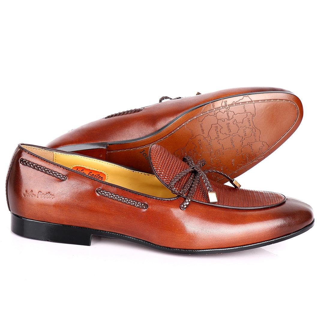 John Foster Custom Made Men's Leather Shoe With Woven Knotted Tassel- Brown - Obeezi.com