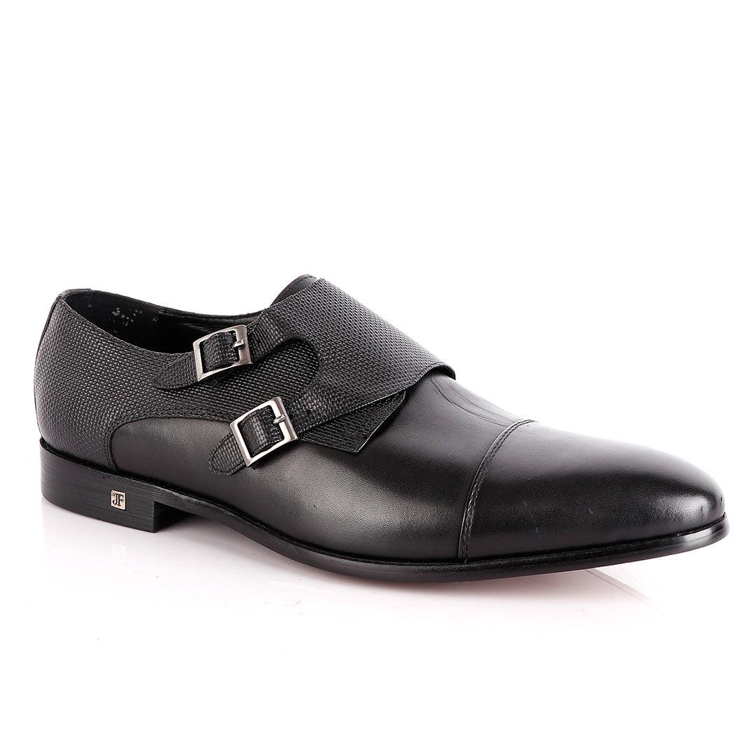 John Foster Double Croc Monk-Strap Black Leather Shoe - Obeezi.com
