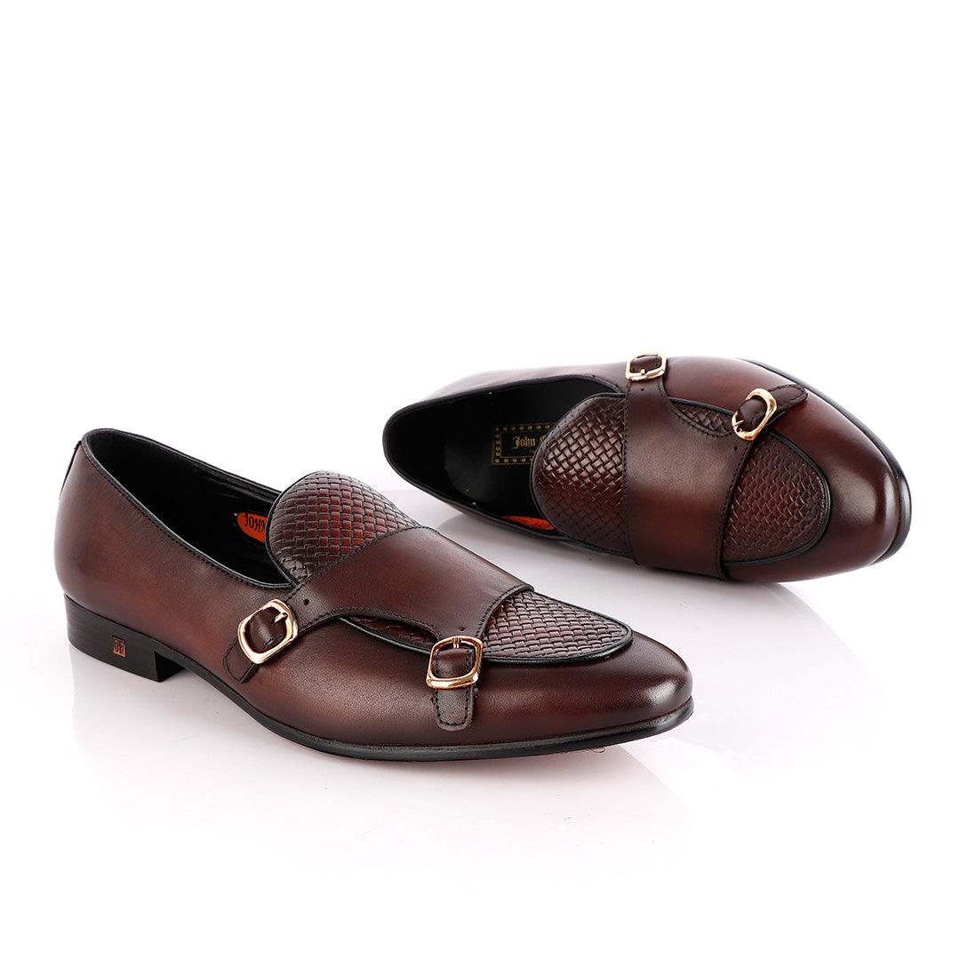John Foster Double Monk-Strap Coffee Brown Leather Shoe - Obeezi.com
