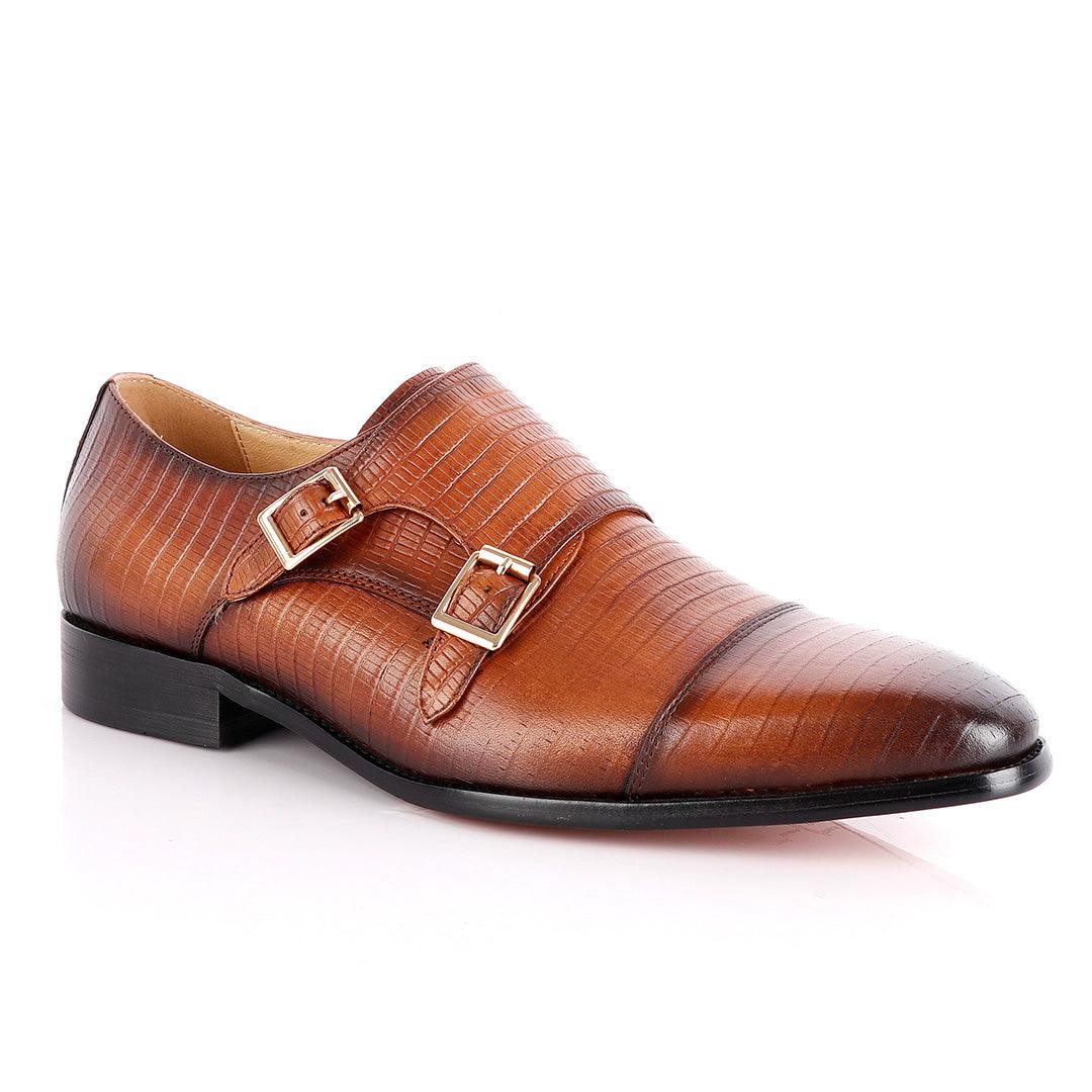 John Foster Double Monk-Strap Croc Brown Leather Shoe - Obeezi.com