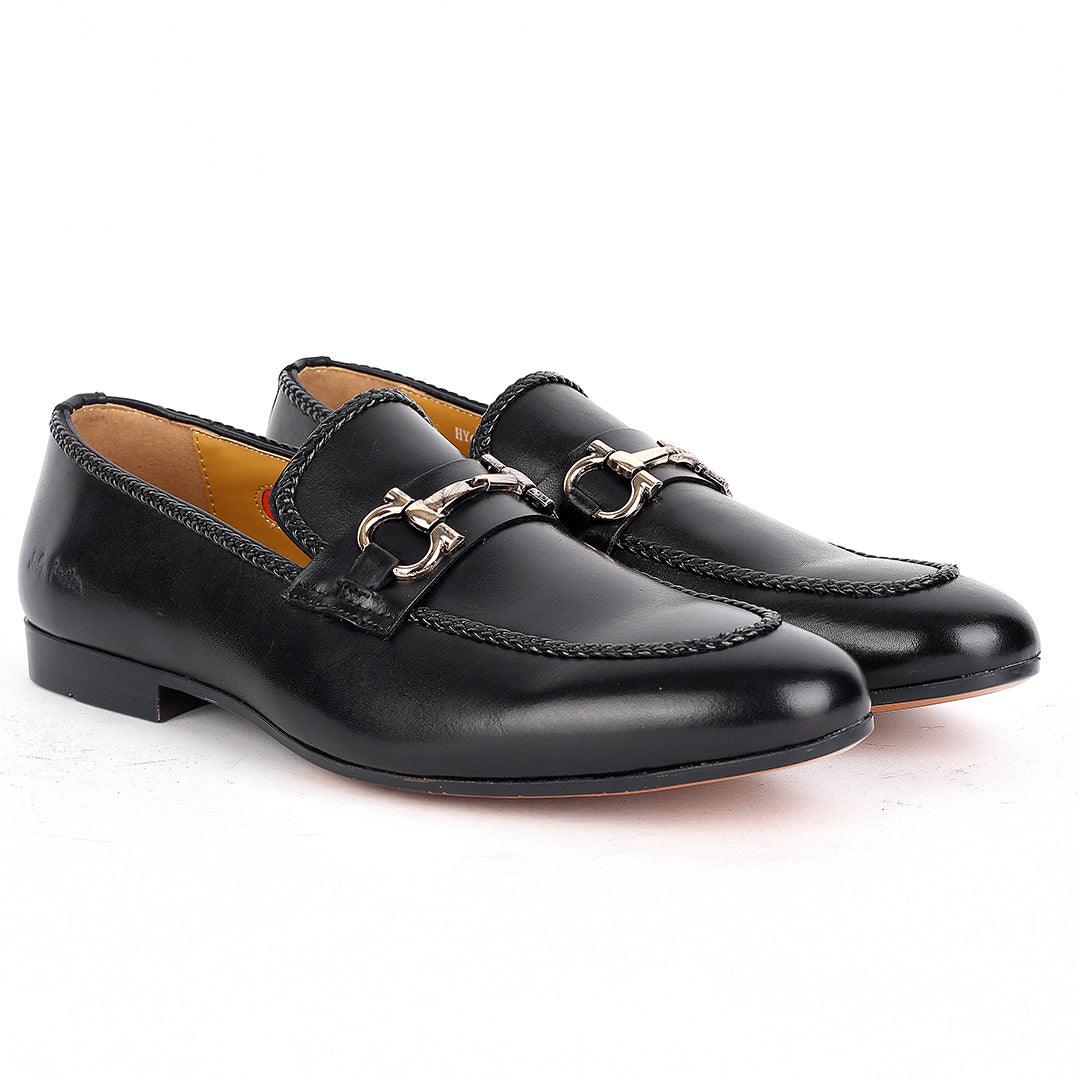 John Foster Elegant Black Textile Designed Leather Shoe - Obeezi.com
