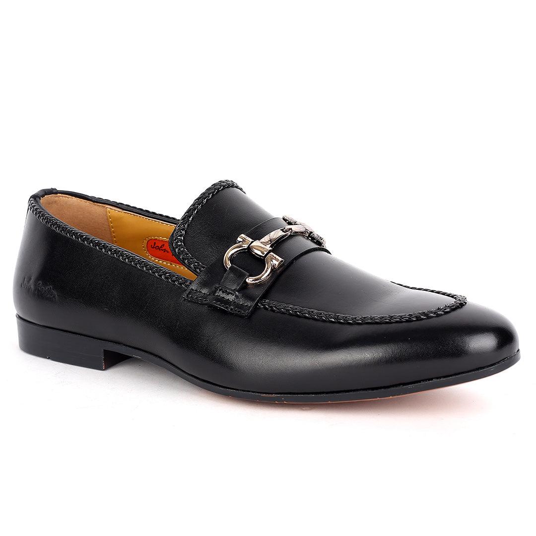 John Foster Elegant Black Textile Designed Leather Shoe - Obeezi.com