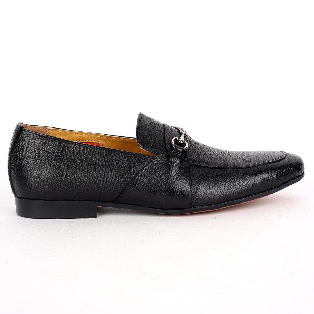 John Foster Exquisite Black Leather Patterned Designed Shoe With Gold Logo Design - Obeezi.com