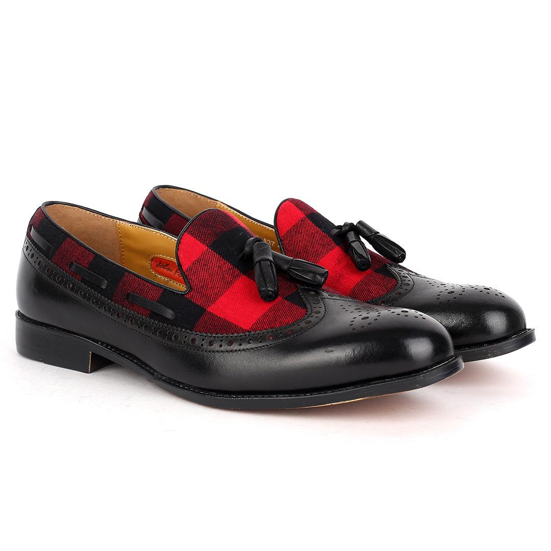 John Foster Exquisite Black Shoe With Perforated Design And Red Designed Surface - Obeezi.com