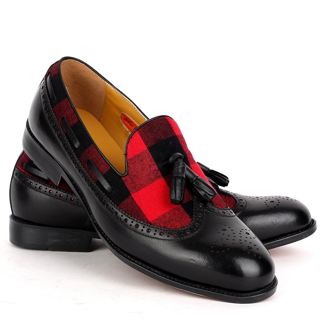 John Foster Exquisite Black Shoe With Perforated Design And Red Designed Surface - Obeezi.com