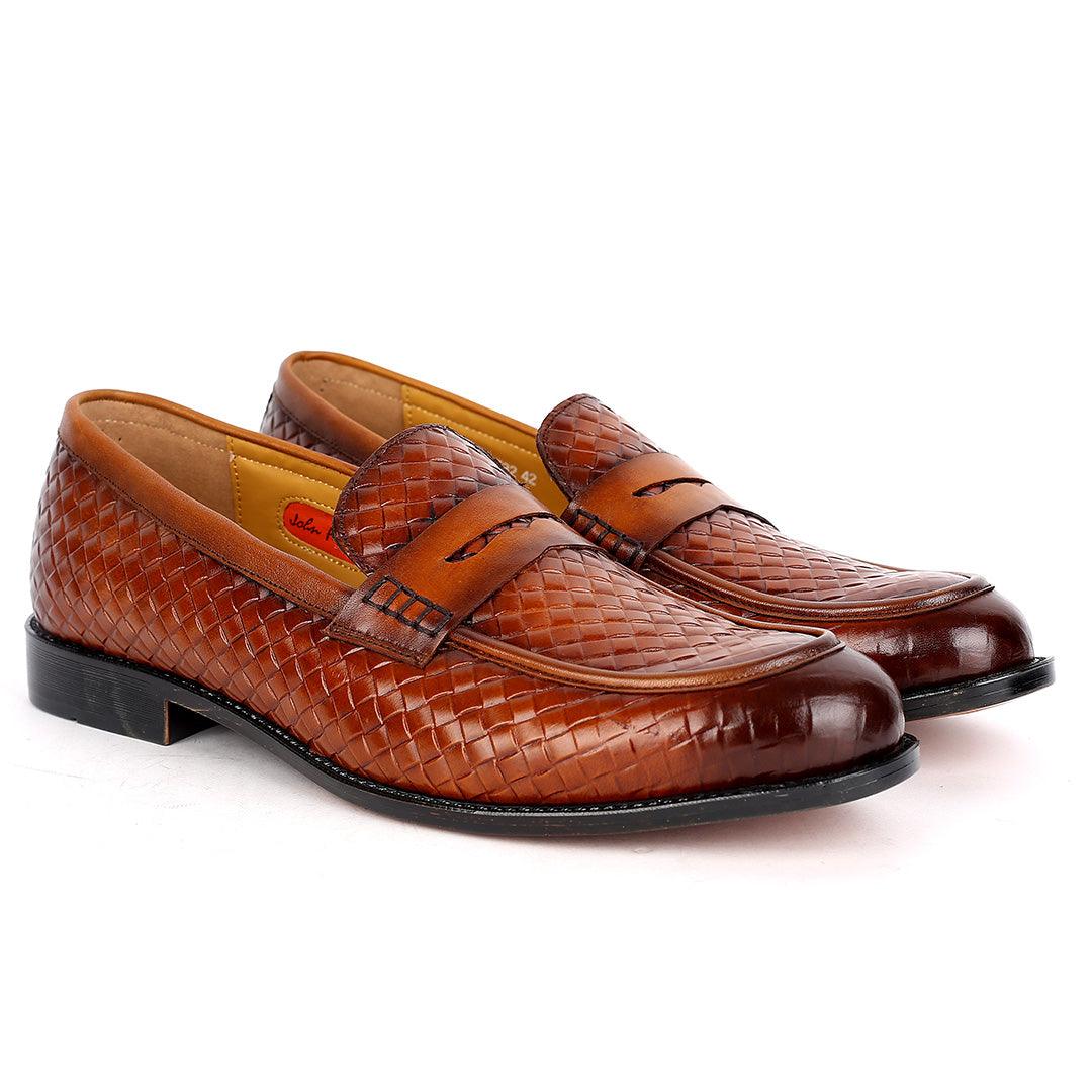 John Foster Exquisite Woven Leather Shoe with Belt Design-Brown - Obeezi.com