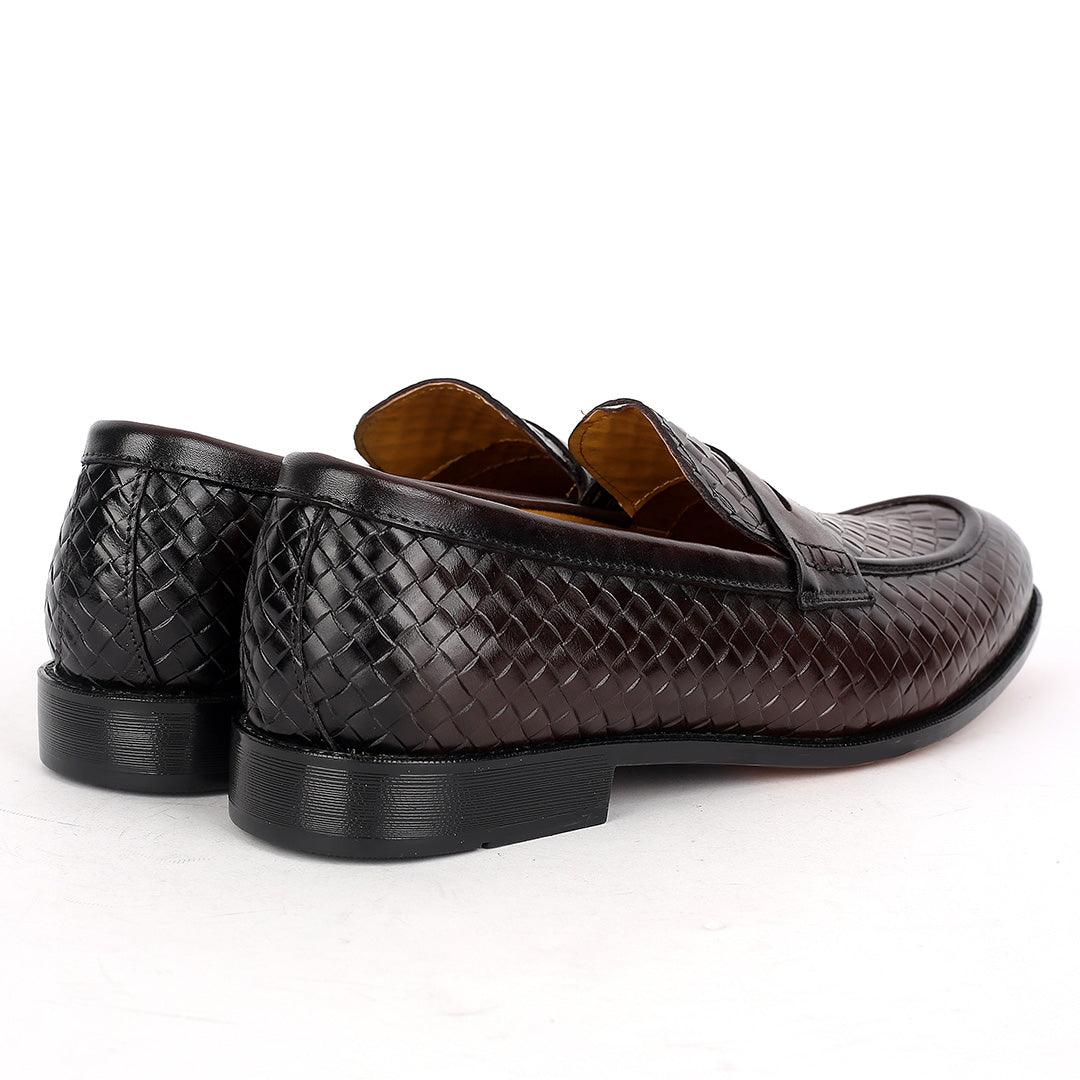 John Foster Exquisite Woven Leather Shoe with Belt Design-Coffee - Obeezi.com