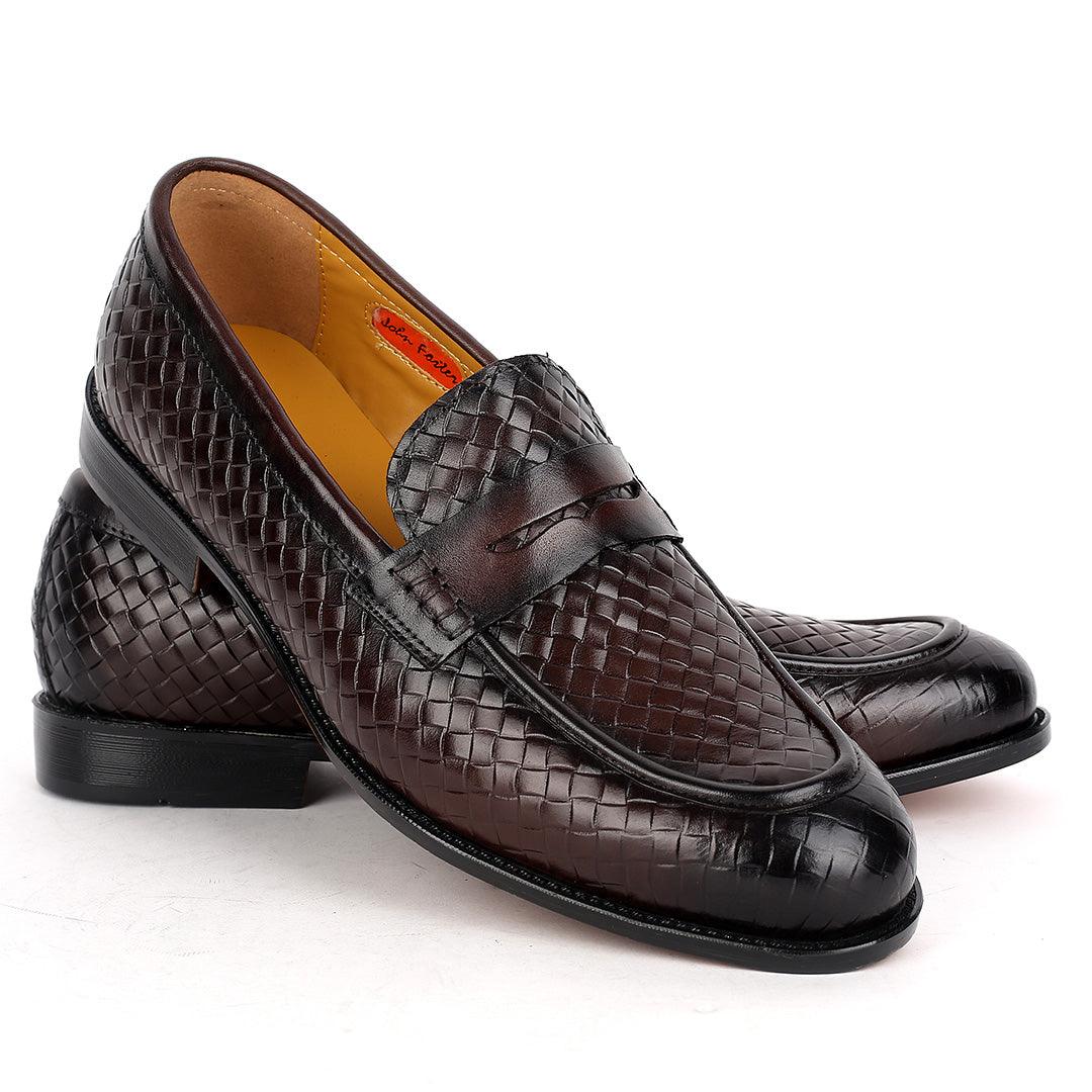 John Foster Exquisite Woven Leather Shoe with Belt Design-Coffee - Obeezi.com