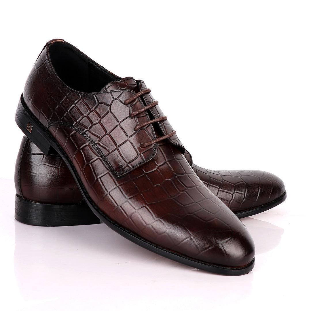 John Foster Full Croc Design Leather Derby Men's Shoes-Coffee - Obeezi.com