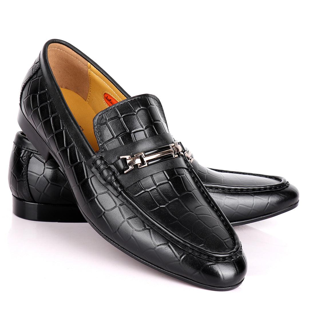 John Foster Full Crocodile Leather With Simple Chain Designed Men's Shoe-Black - Obeezi.com