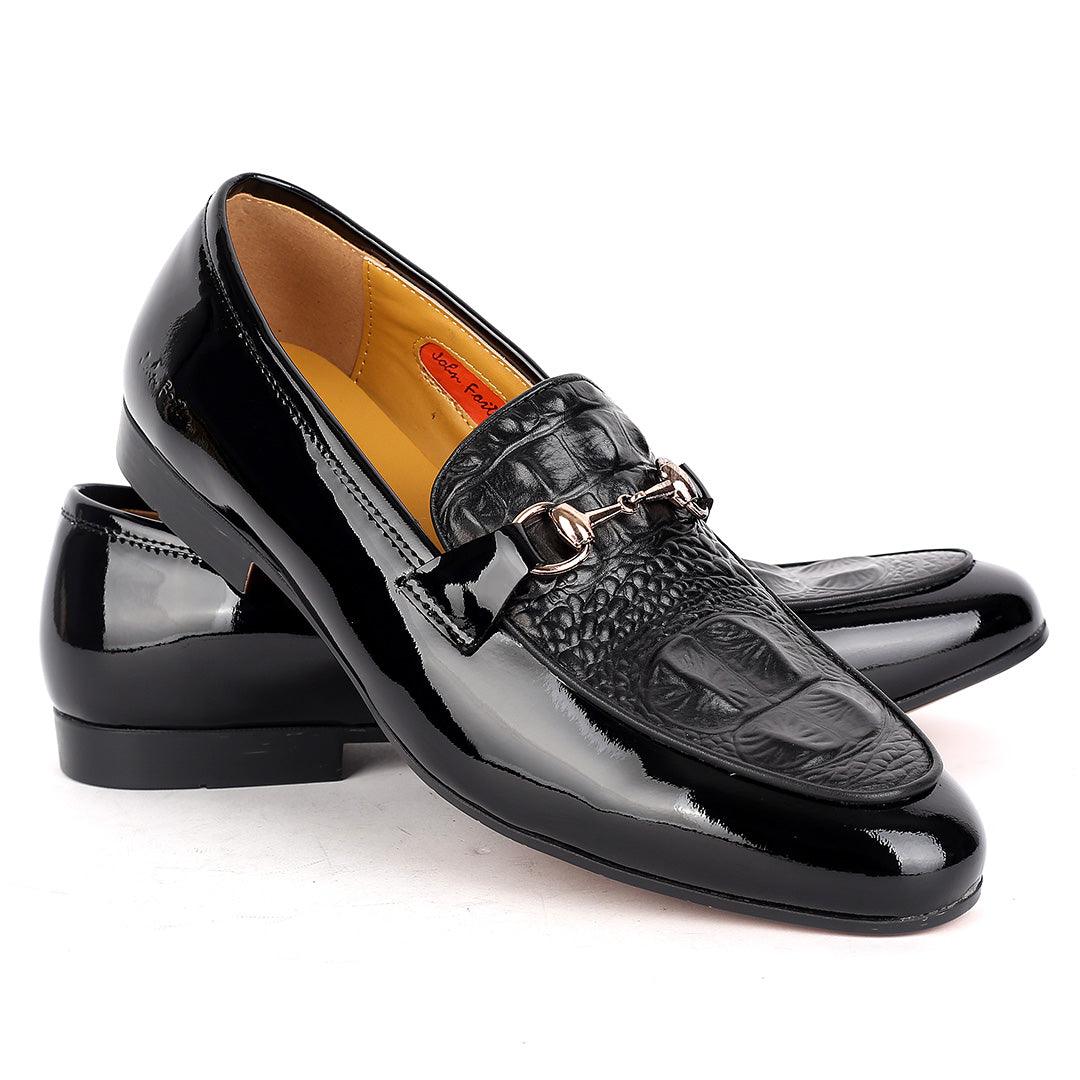 John Foster Glossy And Croc Skin Designed Men's Shoe- Black - Obeezi.com