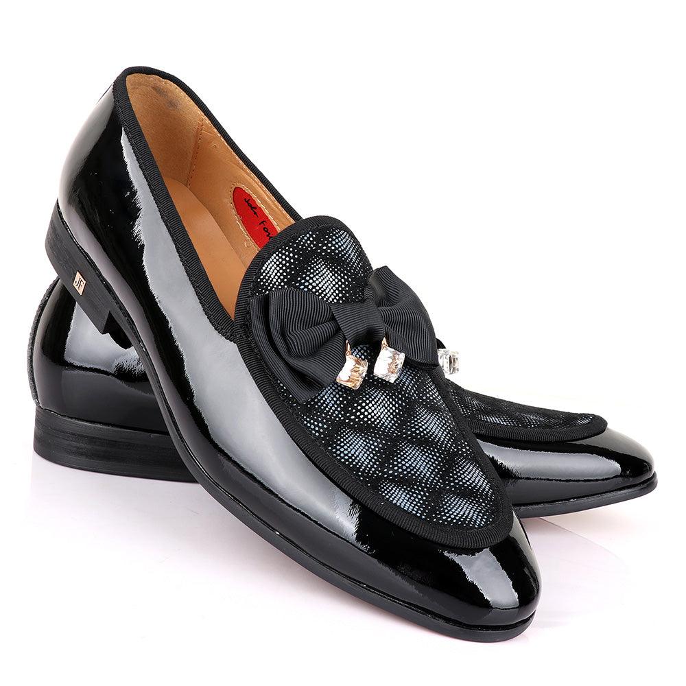 John Foster Glossy Black Bow Stone Designed Leather Shoe - Obeezi.com