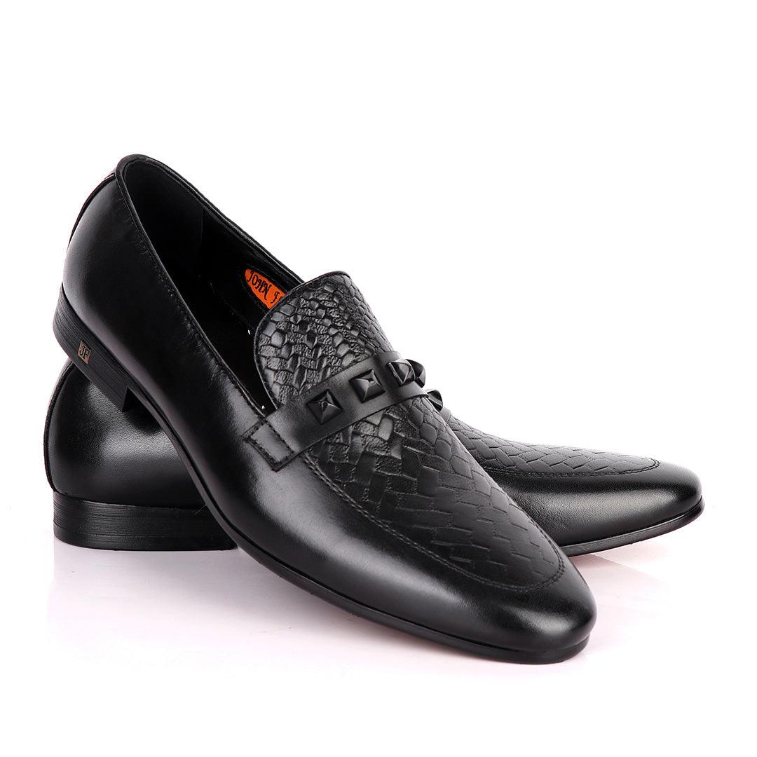 John Foster Half Woven With Black Crystal Design Leather Shoe-Black - Obeezi.com