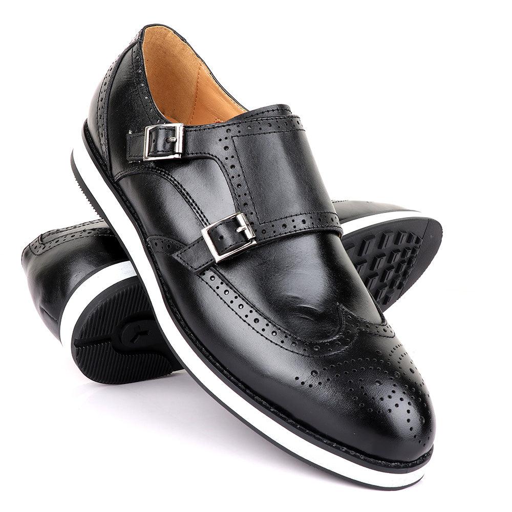 John Foster Men’s Double Monk Strap Brogues Shoes-Black - Obeezi.com