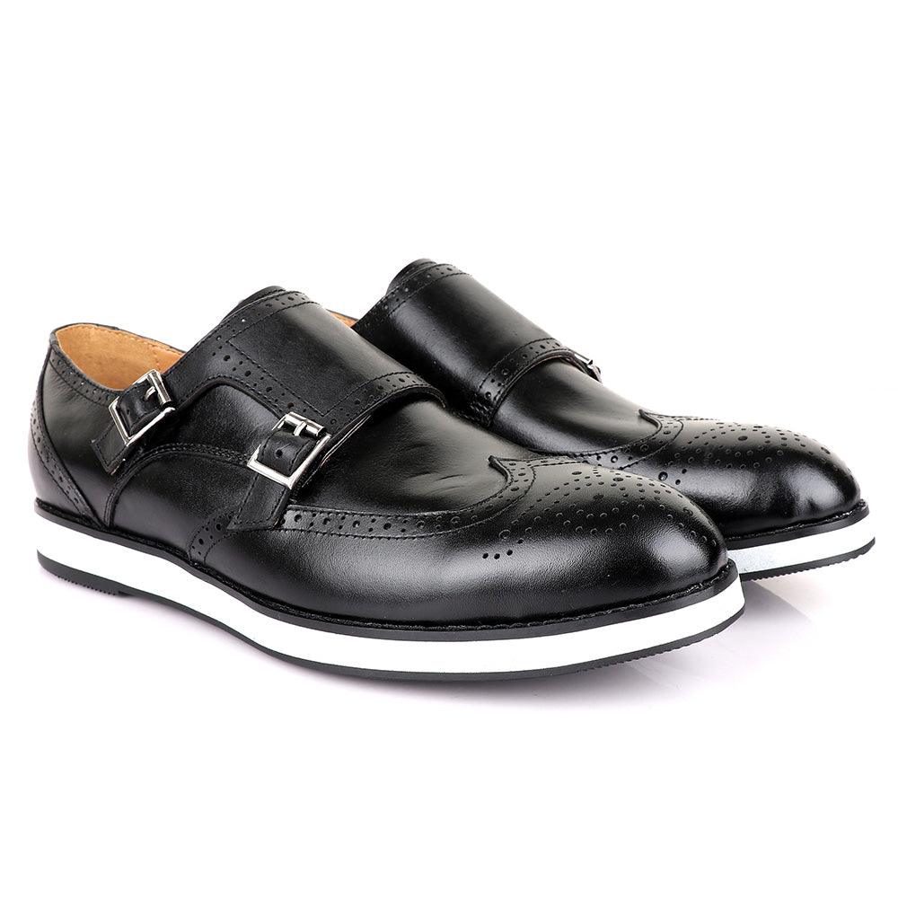 John Foster Men’s Double Monk Strap Brogues Shoes-Black - Obeezi.com