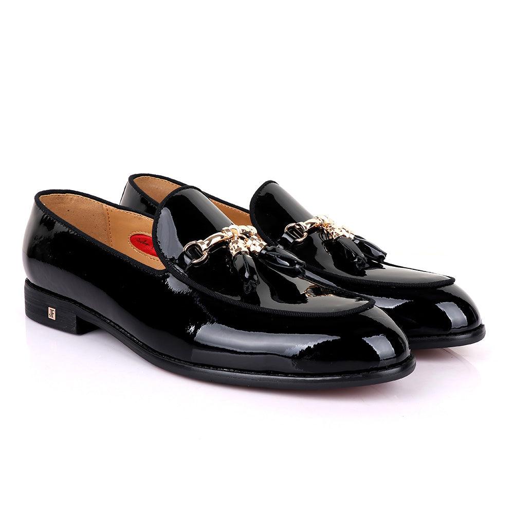 John foster Men's Wet Lips Leather with Gold chain-Black - Obeezi.com