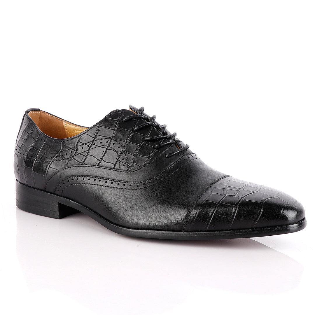 John Foster Oxford Wingtip Croc Laceup Black Leather Shoes - Obeezi.com