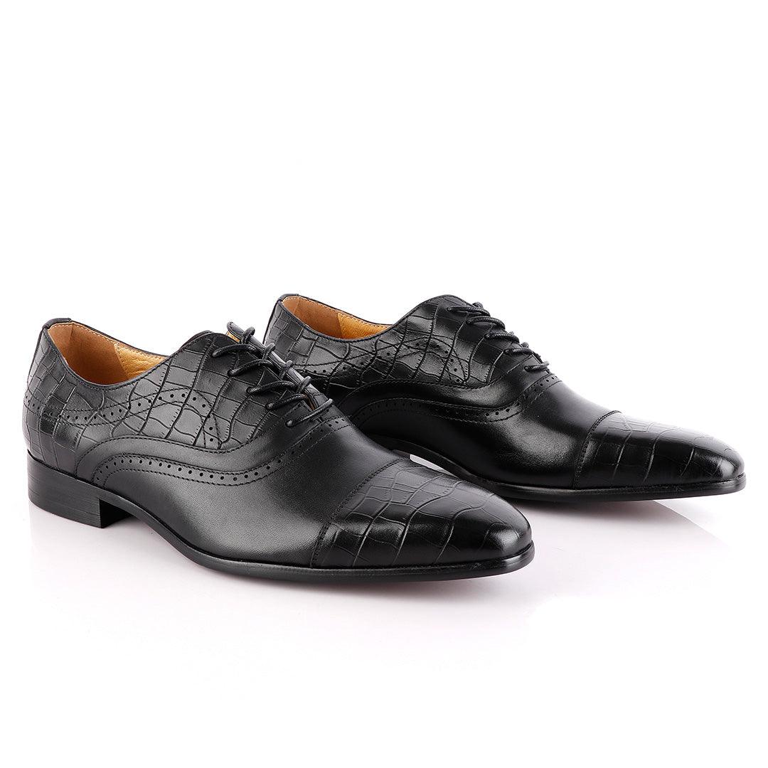 John Foster Oxford Wingtip Croc Laceup Black Leather Shoes - Obeezi.com