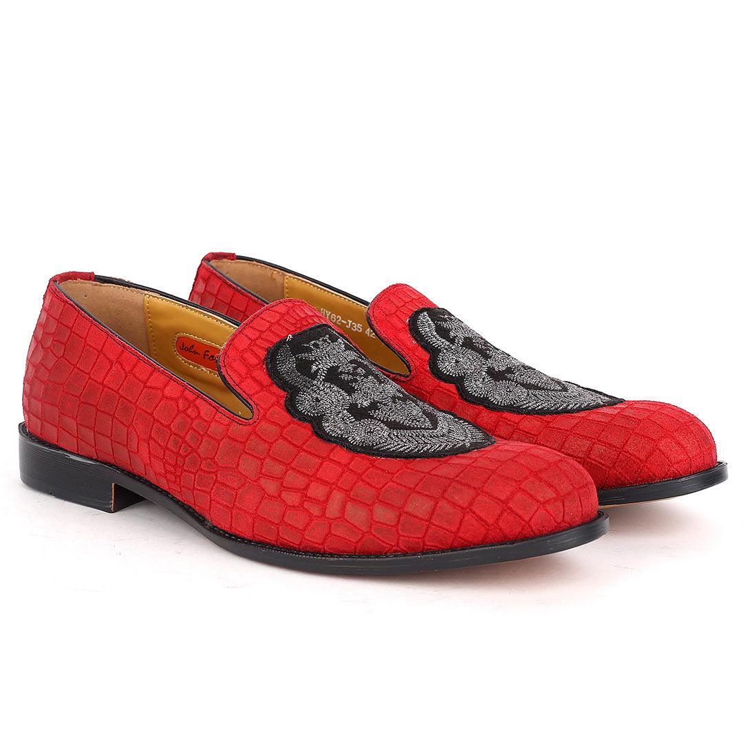 John Foster Red Crocodile Leather Crown Monogram Front Designed Shoes - Obeezi.com