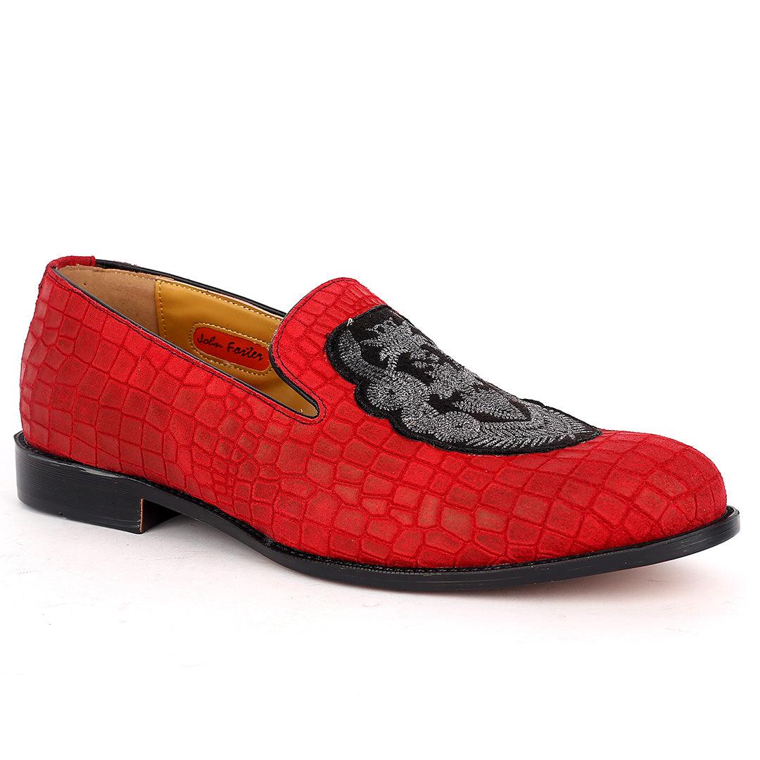 John Foster Red Crocodile Leather Crown Monogram Front Designed Shoes - Obeezi.com