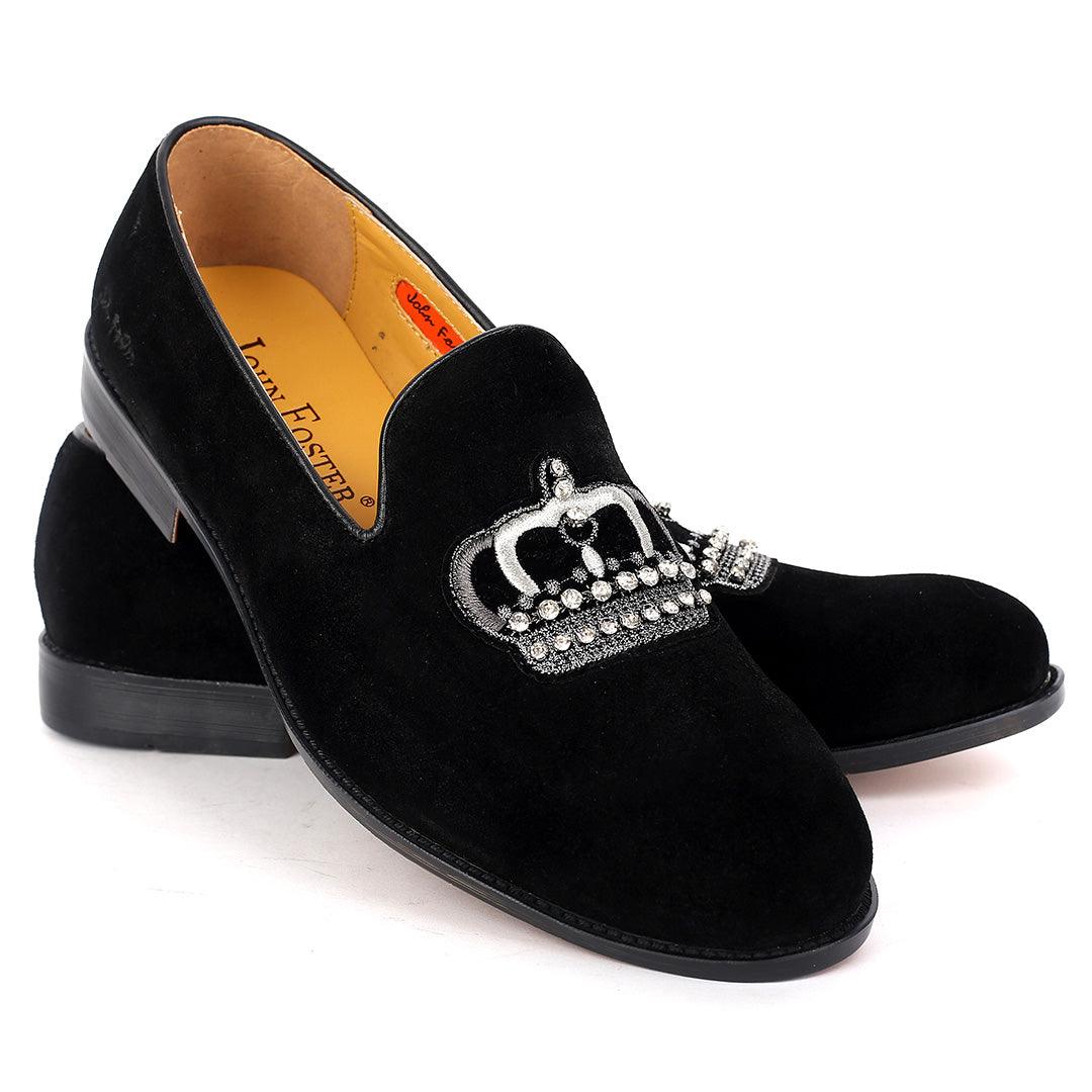 John Foster Suede Black Leather Stone Crown logo Men's Shoe - Obeezi.com