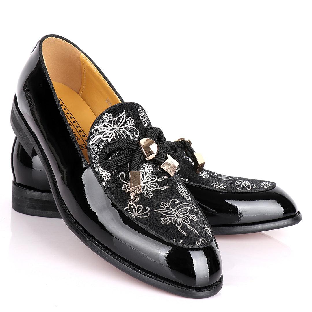 John Foster Wetlips With Woven Tassel Flowered Print Shoe-Black - Obeezi.com
