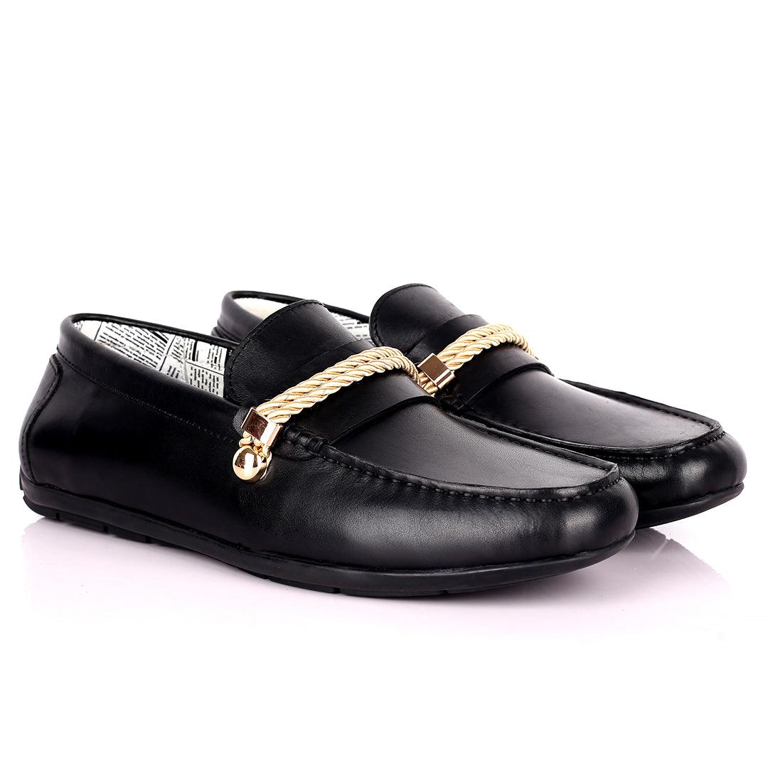 John Galliano Exquisite Gold Double Roped Designed Leather Shoe - Black - Obeezi.com
