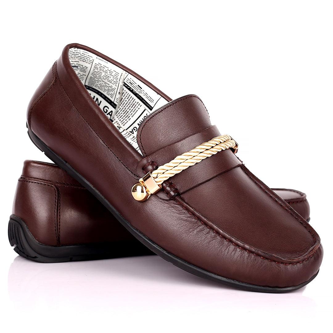 John Galliano Exquisite Gold Double Roped Designed Leather Shoe - Coffee - Obeezi.com