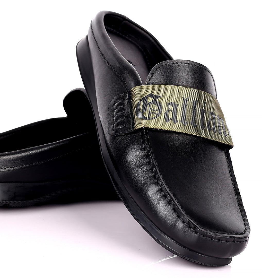 John Galliano Exquisite Green Branded Belted Leather Half Shoe - Black - Obeezi.com