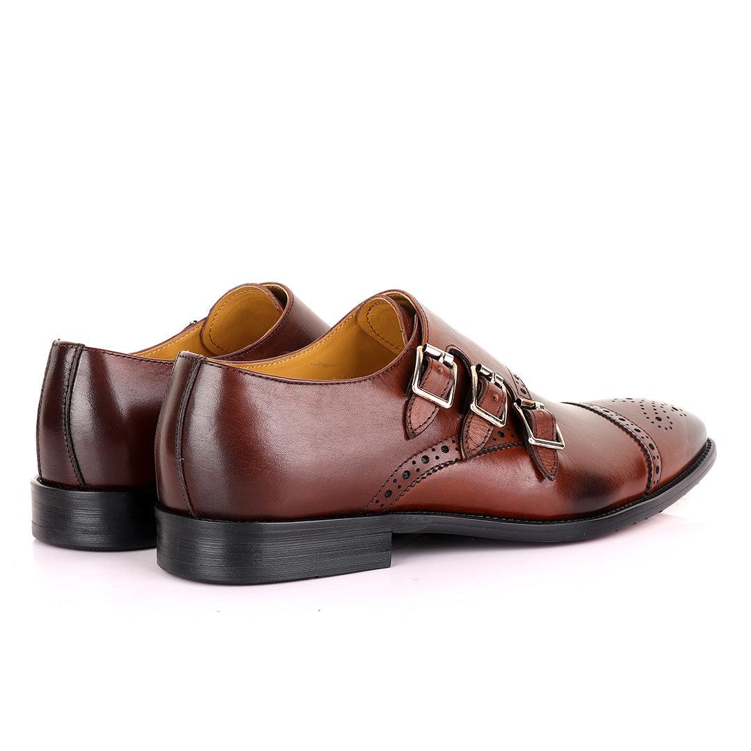 John Mendson 3 Buckle Strap Brown Leather Loafers - Obeezi.com