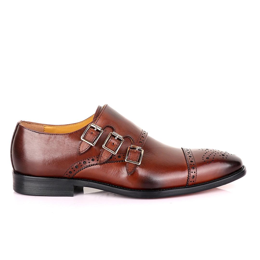 John Mendson 3 Buckle Strap Brown Leather Loafers - Obeezi.com