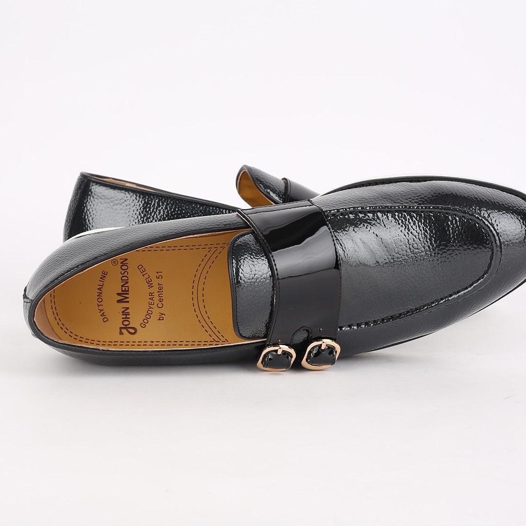 John Mendson Black Leather Monk Shoe With Black Glossy Strap And White Designed Sole - Obeezi.com