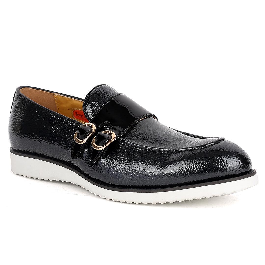 John Mendson Black Leather Monk Shoe With Black Glossy Strap And White Designed Sole - Obeezi.com