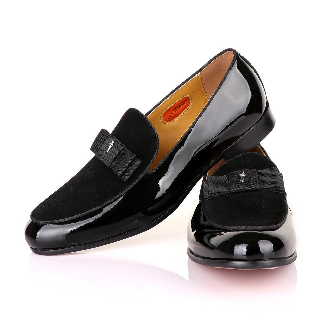 John Mendson Black Patent Bow With Logo Suede Loafers Shoe - Obeezi.com