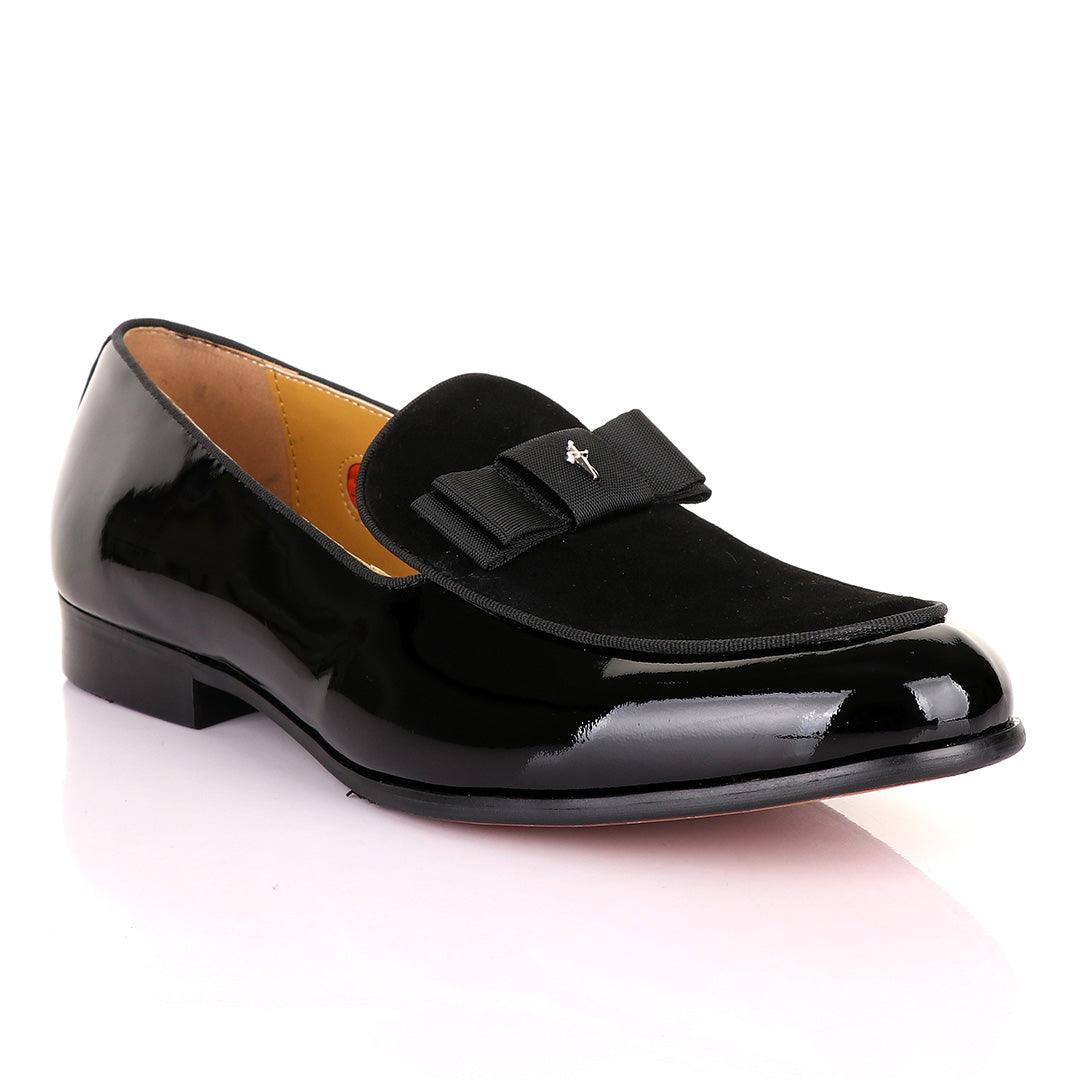John Mendson Black Patent Bow With Logo Suede Loafers Shoe - Obeezi.com