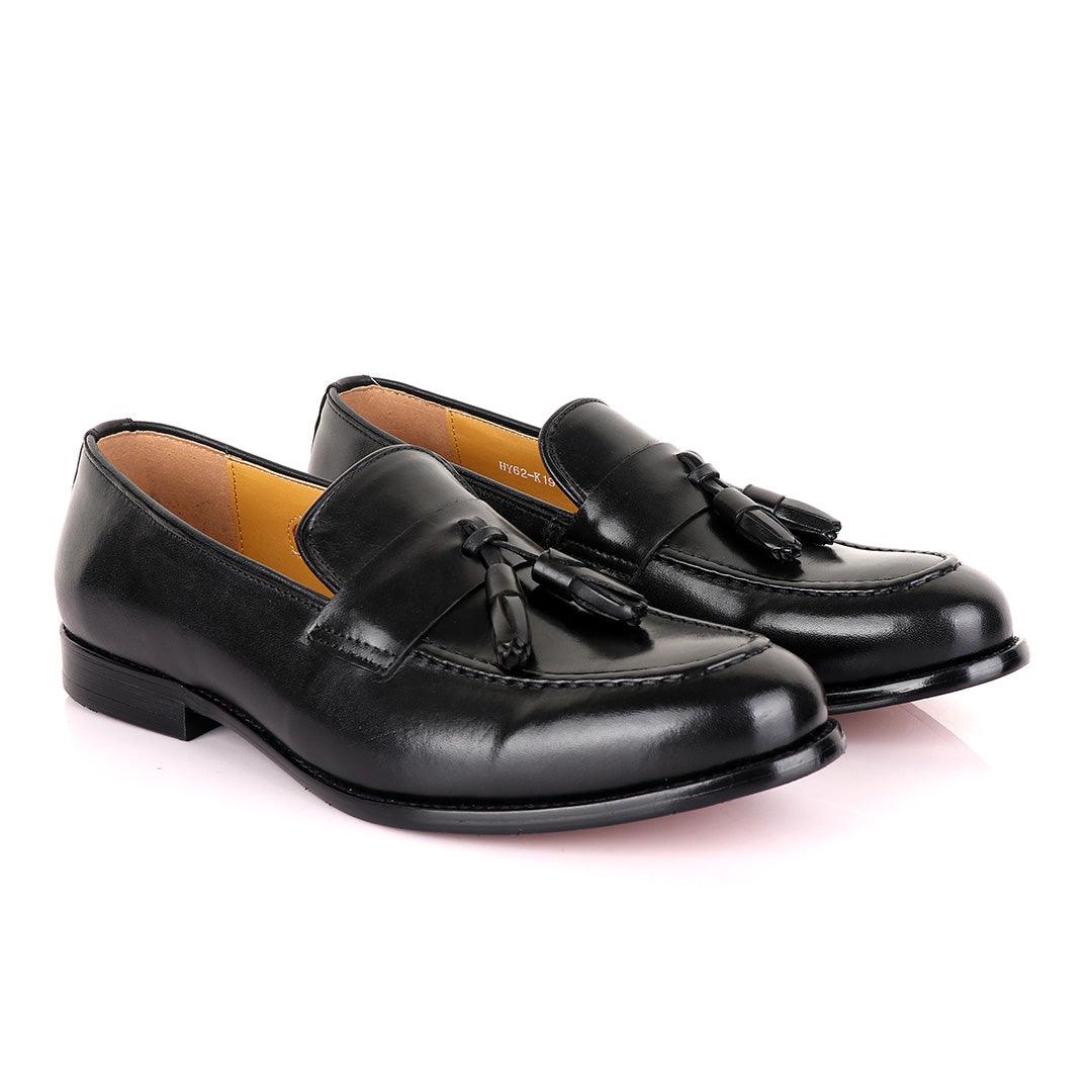 John Mendson Black Tassel Strap Leather Loafers - Obeezi.com