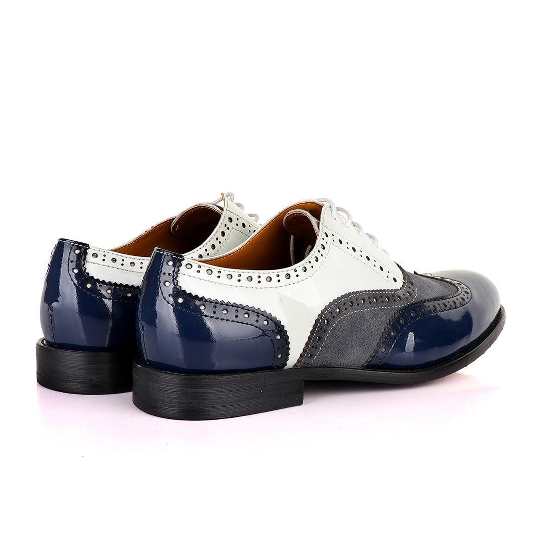 John Mendson Blue White And Grey Oxford Lace up Wet Lips and Suede Shoe. - Obeezi.com