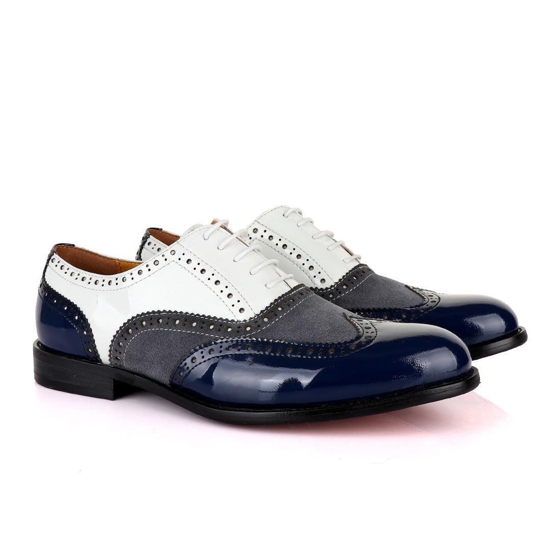 John Mendson Blue White And Grey Oxford Lace up Wet Lips and Suede Shoe. - Obeezi.com