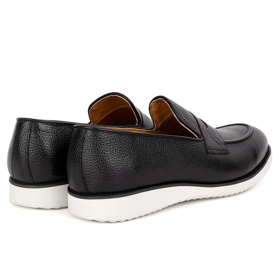 John Mendson Classic Black Leather Shoe With White Solid Sole - Obeezi.com