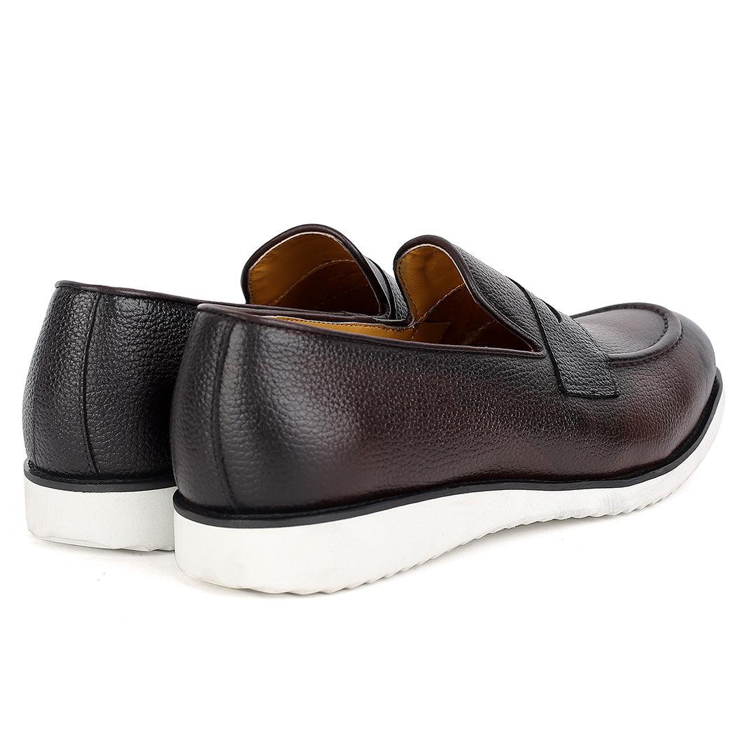 John Mendson Classic Coffee Leather Shoe With White Solid Sole - Obeezi.com