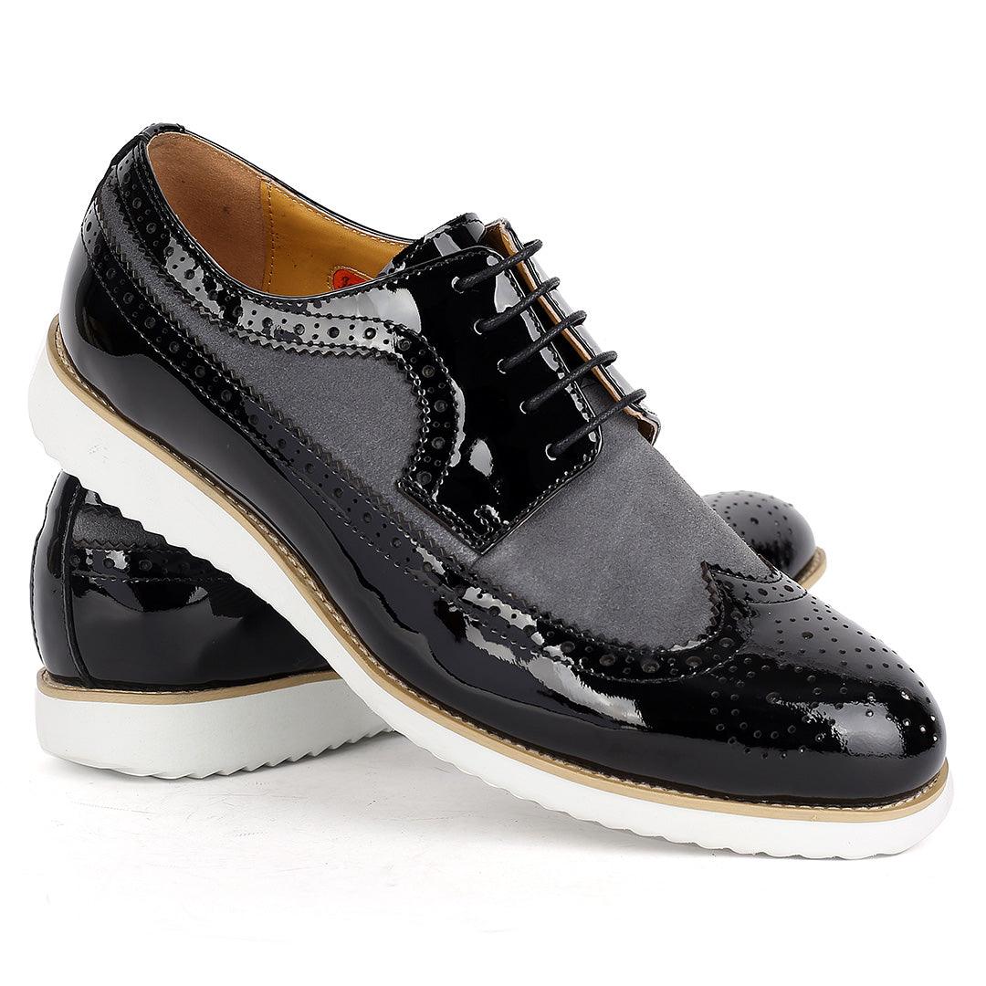 John Mendson Classic Men's Black Glossy and Grey Perforated Designed Shoe - Obeezi.com