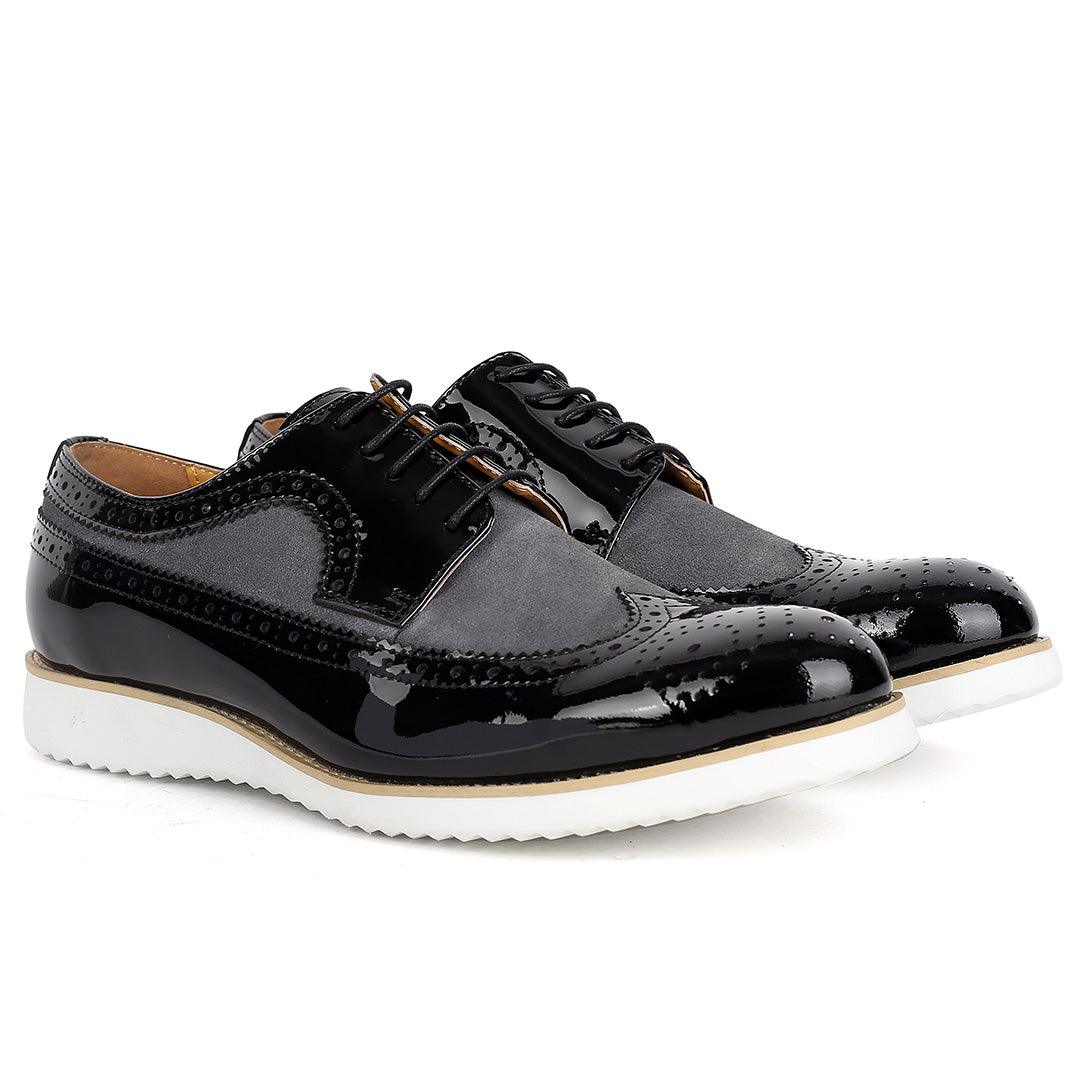 John Mendson Classic Men's Black Glossy and Grey Perforated Designed Shoe - Obeezi.com