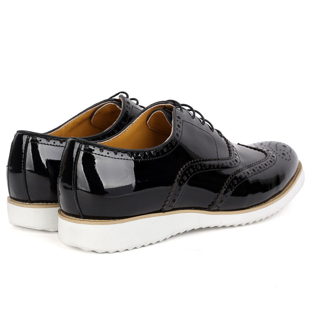 John Mendson Classic Men's Black Glossy Perforated Designed Shoe With Solid White Sole - Obeezi.com