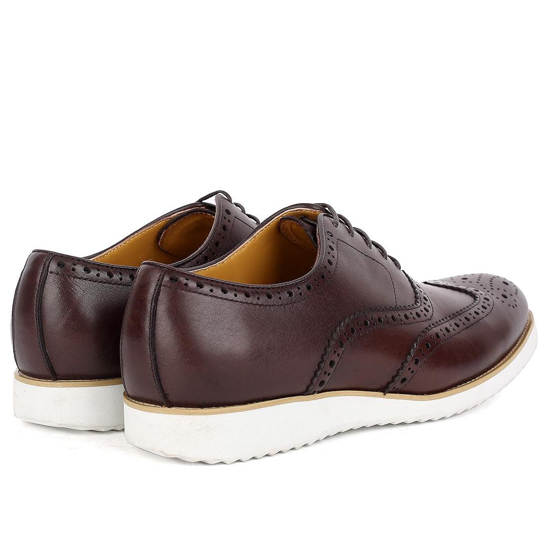 John Mendson Classic Men's Brown Perforated Designed Shoe With Solid White Sole - Obeezi.com