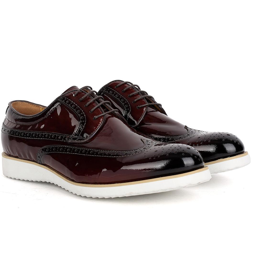 John Mendson Classic Men's Coffee Glossy Perforated Designed Shoe With Solid White Sole - Obeezi.com