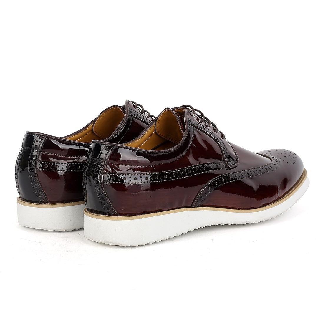 John Mendson Classic Men's Coffee Glossy Perforated Designed Shoe With Solid White Sole - Obeezi.com