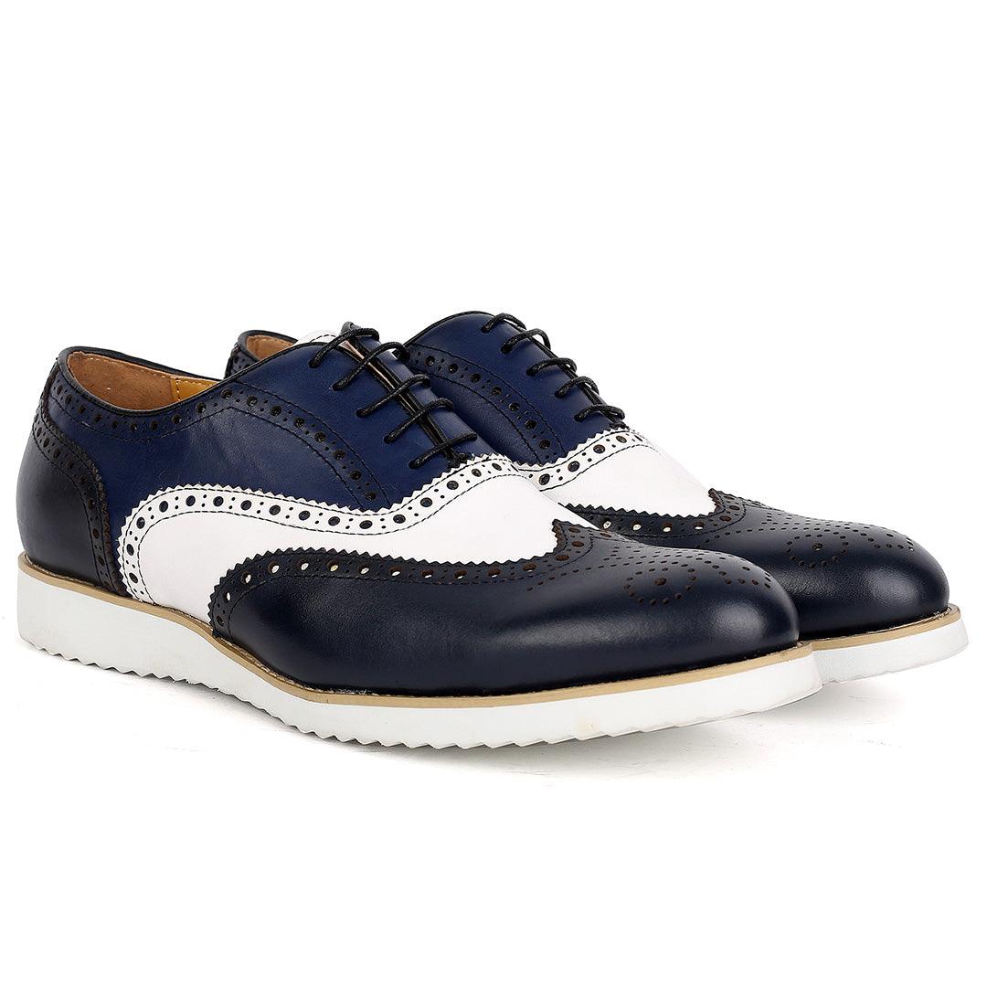 John Mendson Classic Men's Navy-Blue and White Perforated Designed Shoe - Obeezi.com
